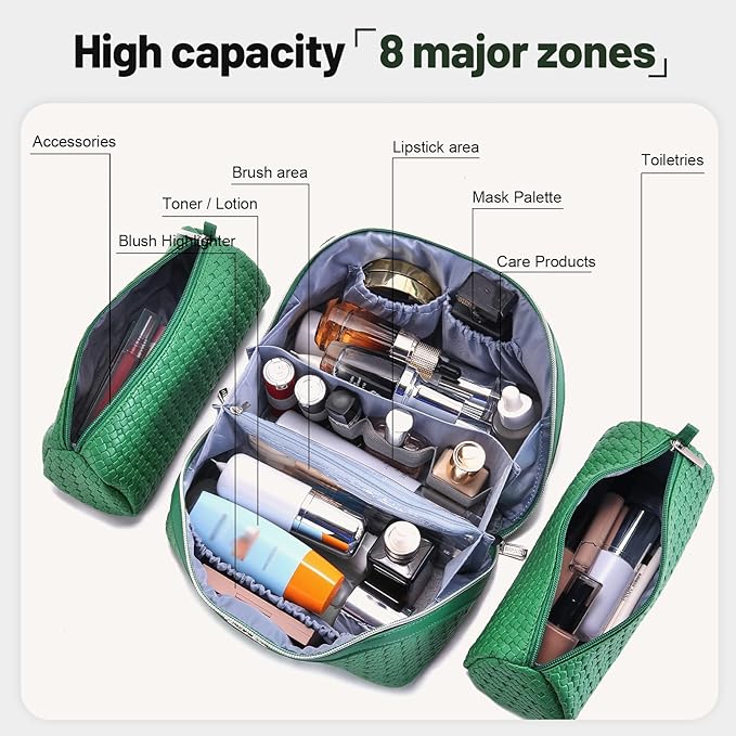 BOYATU Travel Makeup Bag Cosmetic Bags for Women: Large Capacity 3 Pcs Set Make up Bag with Compartments - Waterproof Vegan Leather Toiletry Organizer Bags with Handle (L38 Green)