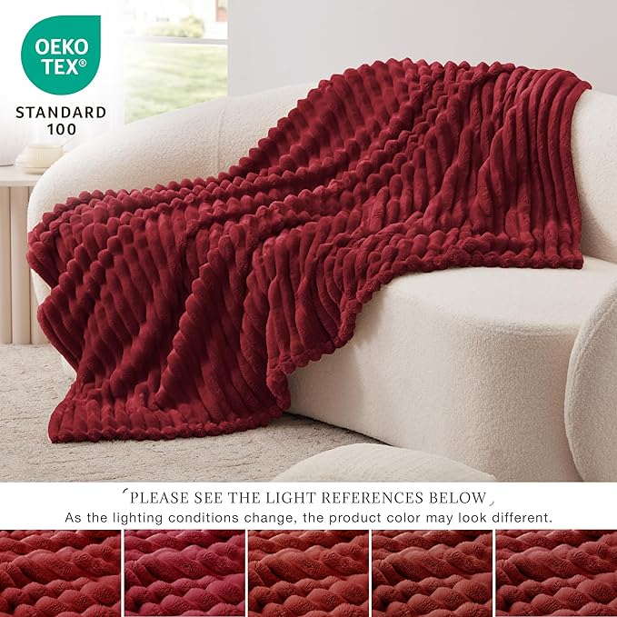 EXQ Home Fleece Throw Blanket for Couch or Bed - 3D Stripe Jacquard Decorative Blankets - Cozy Soft Lightweight Fuzzy Flannel Blanket Suitable for All Seasons(50"×60",Red)