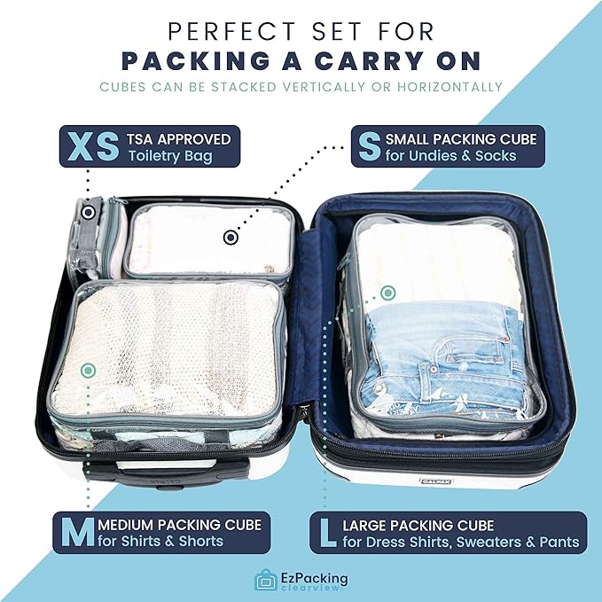 Clear Packing Cubes set of 4 / Packs 7-10 Days of Clothes/Premium PVC Plastic Storage Bags