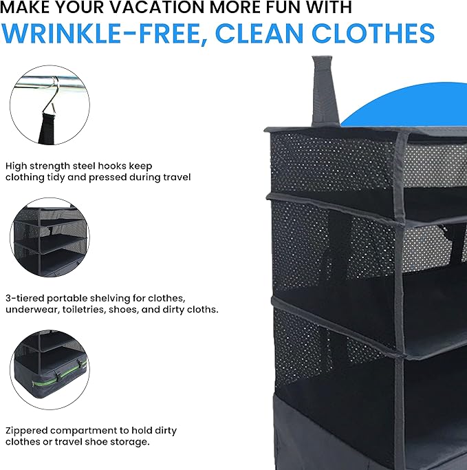 Stow-N-Go Portable Hanging Travel Shelves, Packing Organizer for Luggage. Carry on Closet for Clothes. Expandable Packing Cube. Travel Essentials. Dak Gray - XL