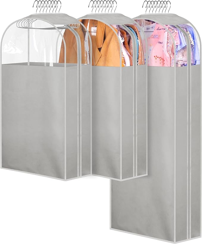 MISSLO 10" Gusseted Garment Bags for Hanging Clothes 40"+60" Clear Suit Bags for Closet Storage Dress Bag for Gowns Long Coat Protector, 3 Packs, Grey
