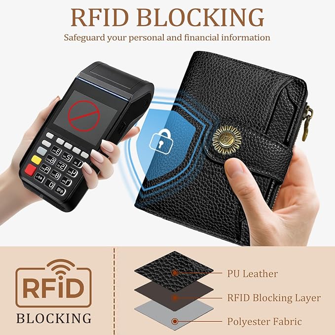 Icycay Black Small Wallet Women RFID Blocking Bifold, Credit Card Holder, Zipper Coin Pocket, PU Leather, Compact, Travel, 4 ID Window, 14 Card Slots, Cash Purse, Ladies Woman Female Girls