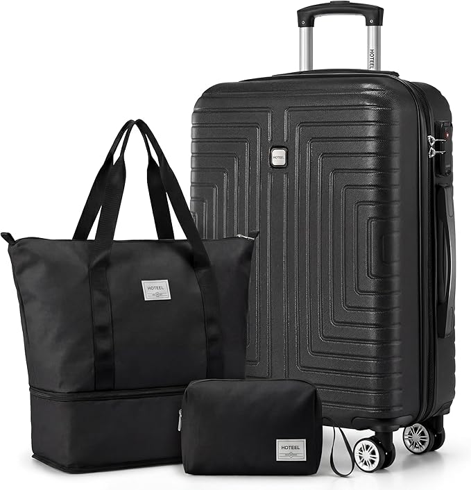 Hoteel Luggage Sets 3 Piece ABS+PC Hardside, 4-Year Warranty, Luggage Set with Dual-Spinner Wheels, TSA Lock, Lightweight Carry on Luggage, 20" Suitcase with Duffel & Organizer, Black