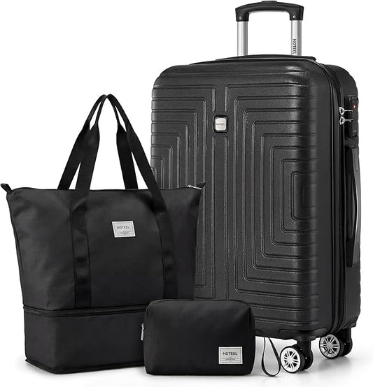 Hoteel Luggage Sets 3 Piece ABS+PC Hardside, 4-Year Warranty, Luggage Set with Dual-Spinner Wheels, TSA Lock, Lightweight Carry on Luggage, 20" Suitcase with Duffel & Organizer, Black