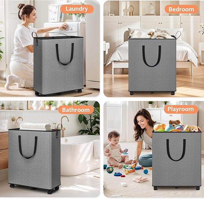 Laundry Basket with Wheels, Collapsible Laundry Baskets, Laundry Hamper with Handles Detachable Wheels, Rolling Laundry Basket, Dirty Clothes Hamper for Bathroom, Dorm, Bedroom, Grey, 155L