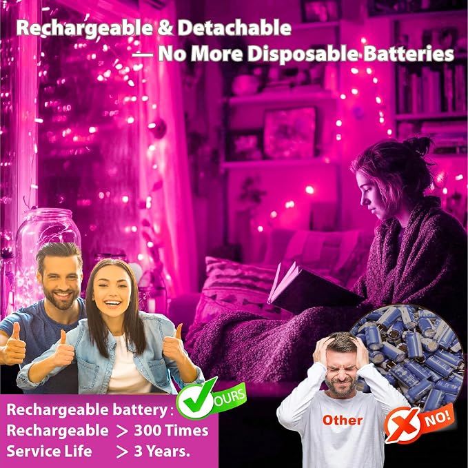HXWEIYE 6 Pack Rechargeable Fairy Lights with Remote, 7ft 20LED | Battery Operated, 8 Modes & DIY Timer, Mini Twinkle String Light for Mason Jar Wedding Table Wreath Christmas,Pink
