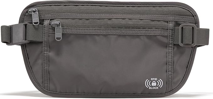 Pander RFID Blocking Travel Money Belt – Hidden Waist Pouch for Passport, Cash, Cards, Slim Belt Bag for Men and Women, Dim Grey
