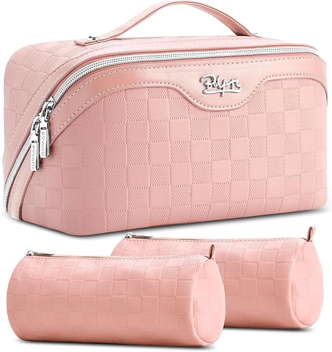 BOYATU Travel Makeup Bags for Women: Sweet Pink Checkered Large Capacity Cosmetic Bag - You Deserve a Little Sweetness Every Day - 3 Pcs Toiletry Organizer Holds 10-20 Full-Size 50-100ML Bottles