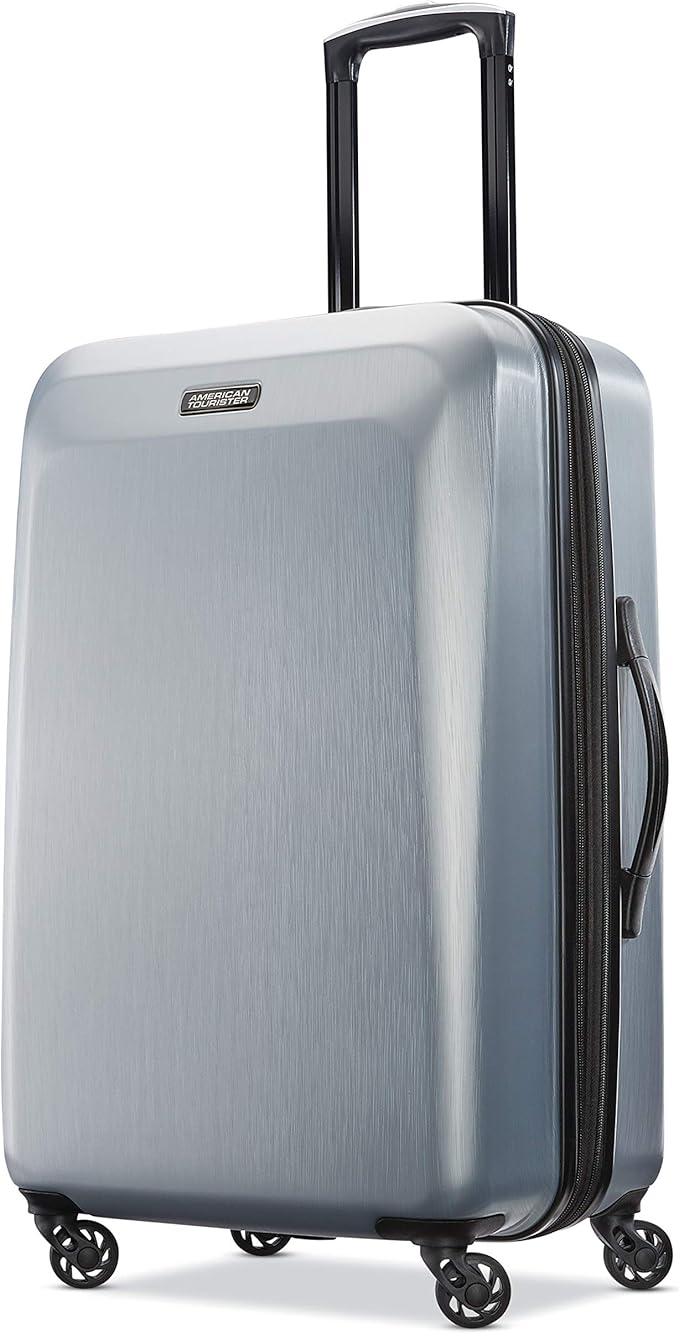 American Tourister Moonlight Hardside Expandable Luggage with Spinner Wheels, Silver, Checked-Medium 24-Inch