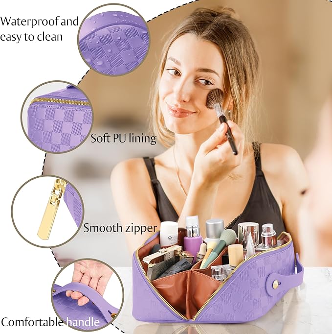Large Capacity Travel Cosmetic Bag - Portable Makeup Bags for Women Waterproof PU Leather Checkered Makeup Organizer Bag with Dividers and Handle,Toiletry Bag for Cosmetics