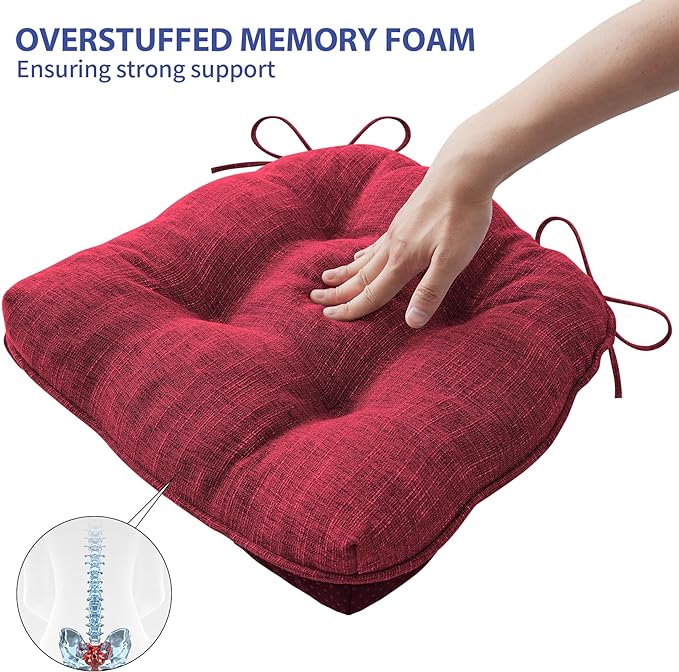 Chair Cushions for Dining Chairs Set of 2, Red Kitchen Chair Cushions, Chair Pads with Ties and Non Slip Backing, Christmas Room Decor, Tufted Memory Foam Seat Cushion 2 Pack, 15.5"x15.5"x4"