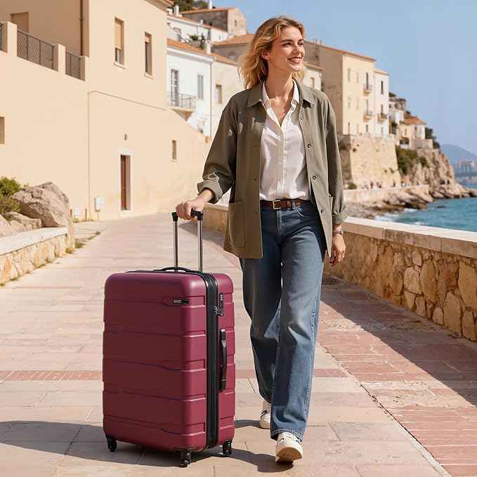 Coolife Expandable Large Checked Luggage Hardside PC+ABS Suitcase with TSA Lock, Lightweight Rolling Carry On with Spinner Wheels(Radiant Pink, 28in)