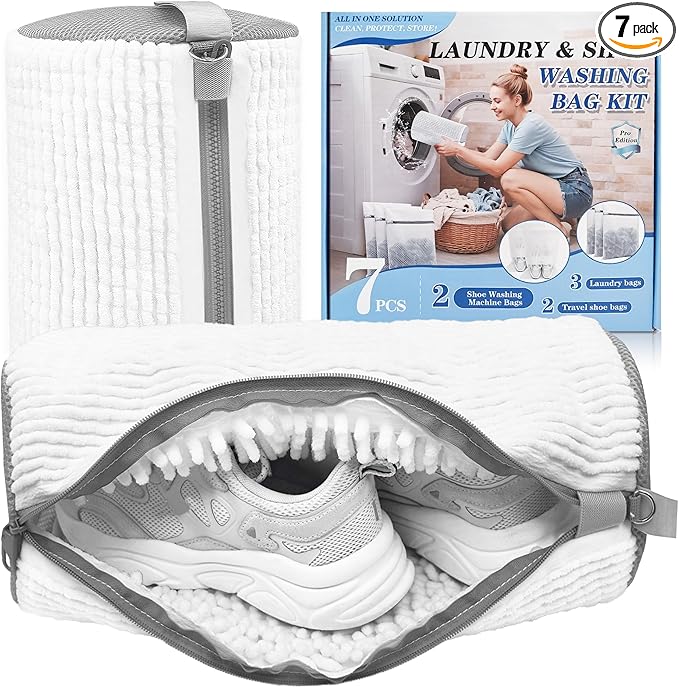 3-IN-1 Laundry & Shoe Washing Machine Bag Kit : Laundry Shoe Bag for Washer and Dryer,Reusable Shoe Cleaning Bag for Sneakers,Tennis,Self-locking Zipper & Microfiber,Include 3 Laundry Bag & 2 Shoe Bag
