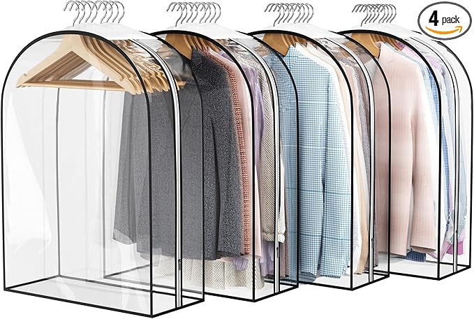 Liuoud Clear Garment Bag for Hanging Clothes 10” Gusseted, 32” Suit Bags for Open Closet Storage Plastic Clothes Cover for Coat, Dress, Shirts, Fur, Jacket, Wardrobe Protectors, 4 Pack