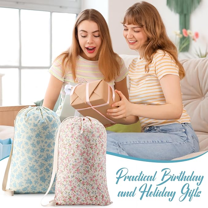 SATINIOR 2 Pcs Floral Laundry Bags 29" x 18" Pink Blue Canvas Travel Laundry Bags with Drawstring Shoulder Straps Washable Dirty Clothes Hamper Organizer for College Dorm Laundromat Apartment Camping