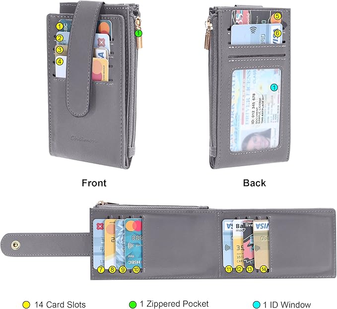 Chelmon Womens Wallet Slim RFID Blocking Bifold Multi Card Case Wallet with Zipper Pocket (Light Grey Smooth)
