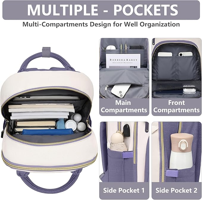 Laptop Backpack for Women Work Bag - 15.6 inch Travel Backpack Purse with USB Charger College Bookbag Waterproof Cute Casual Daypack Business Computer Backpacks for Teacher Nurse Beige Light Purple