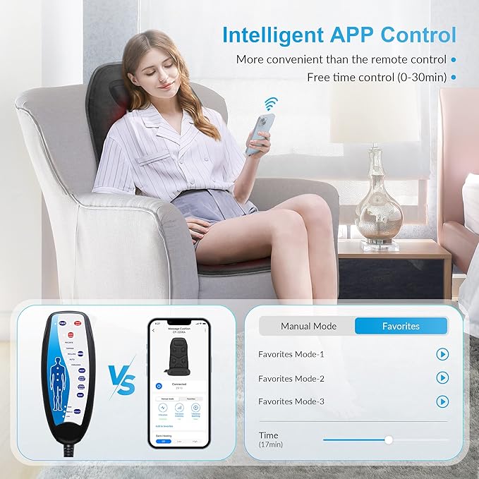 COMFIER Back Massager with Heat, App Control Vibration Massage Seat Cushion, 10 Motors & 3 Heat Levels Chair Massager Pad, Home Office Use