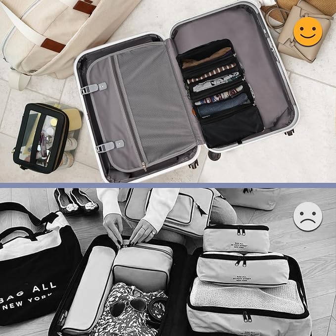 Surblue Travel Hanging Luggage Organizer Portable Suitcase Closet Organizer Multiple Compartments Collapsible Compression Packing Cubes Shelf, Black, S