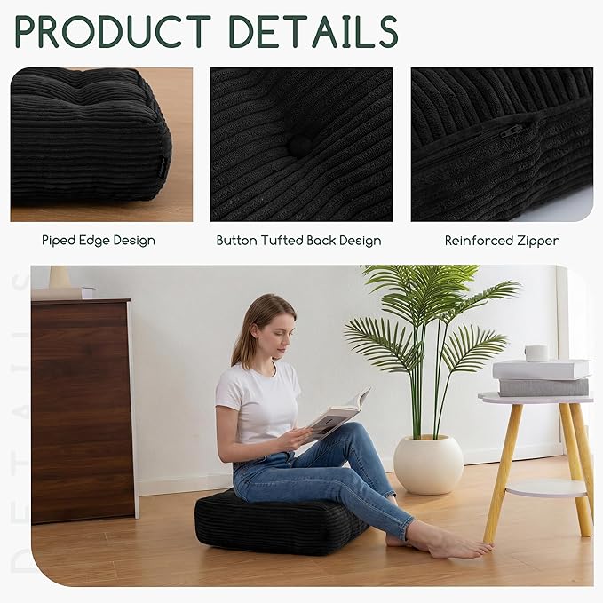 HIGOGOGO Tufted Corduroy Recliner Seat Cushion for Elderly, 20x20x6 Inch Extra Large Square Seat Cushion for Recliner Chair, Floor Pillow, Office Chair, Car, No Pressure on Thighs, Black