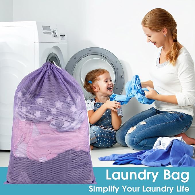2 Pack Mesh Laundry Bags, 23 x 34 Inches Heavy Duty Mesh Laundry Bag, Large Laundry Drawstring Bag for College, Dorm, Travel, Family and Apartment Dwellers, Purple