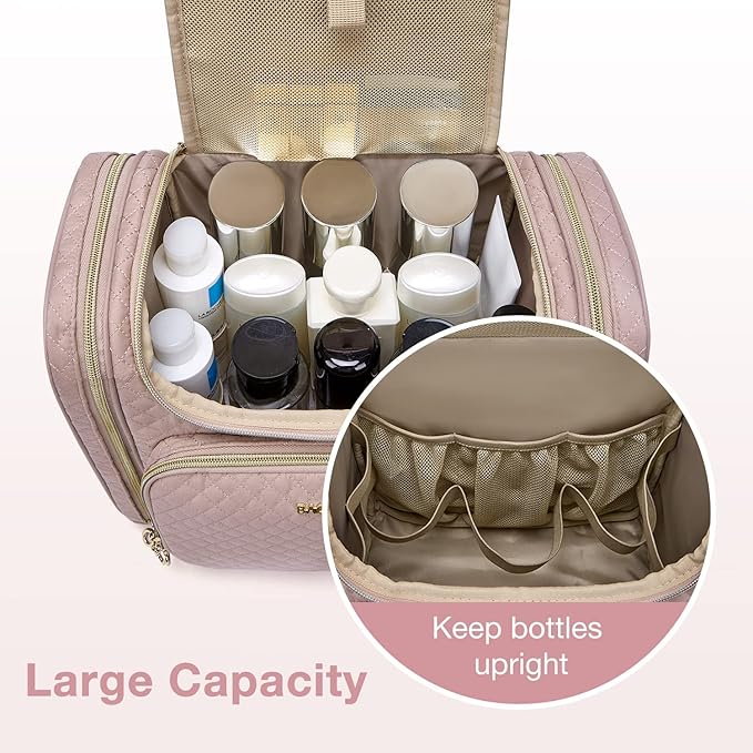 BAGSMART Travel Toiletry Bag for Women, Hanging Toiletry Bag Large Capacity Cosmetic Makeup Bag, Essentials Travel Organizer for Full Sized Toiletries and Cosmetics, Pink
