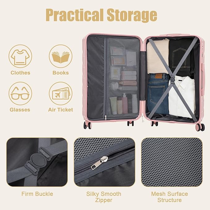 28 Inch Checked-Large Luggage, Lightweight ABS Hard Shell Suitcase with Spinner Wheels, Expandable Travel Luggage with Combination Lock & Side Hooks for Men Women (Pink, 28)
