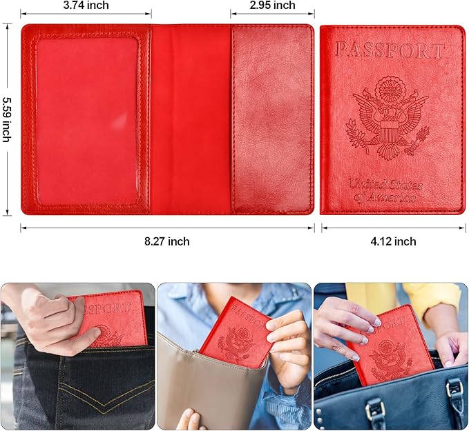 Eoehro Passport and Vaccine Card Holder Combo, Faux Leather, Compact, Lightweight, Waterproof, Red