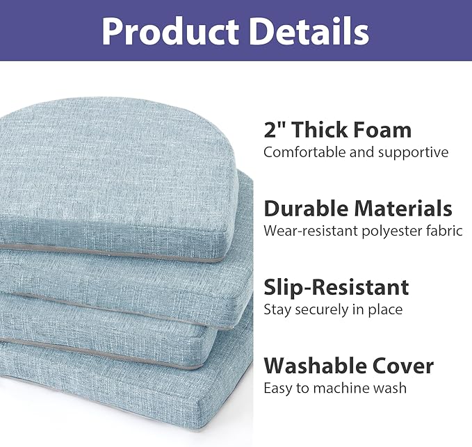 Chair Cushions for Dining Chairs with Ties and Removable Cover, Dining Kitchen Chair Pads with Non-Slip Bottom, High-Resilience Indoor Seat Cushions, 16'' x 16'' x 2'', Set of 4, Light Blue