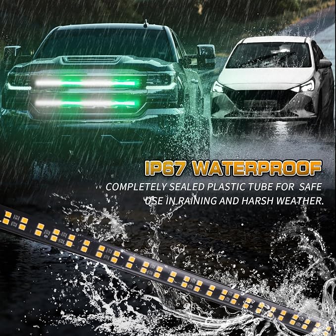2 Pack 24 inch Grill Emergency Lights Green White Strobe Lights | 288 LED Front/Rear Grille Surface Mount Warning Hazard Safety Caution Light Strip for Plow Trucks Construction Vehicles