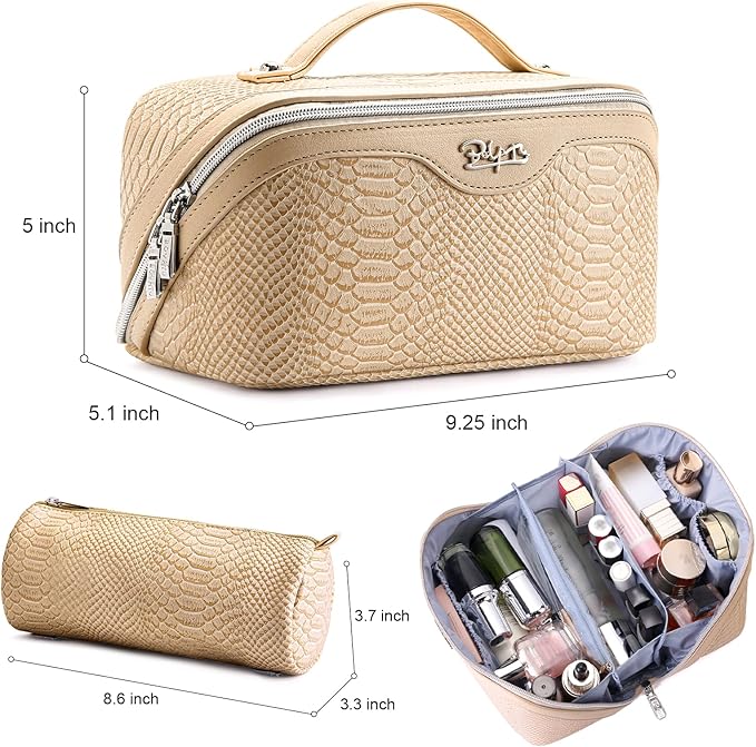 BOYATU Travel Makeup Bags for Women: 3 Pcs Set Wide Open Cosmetic Bag - Portable Make up Bags with Handle - Vegan Leather Toiletry Organizer Bag with Divider (G-04-Beige)