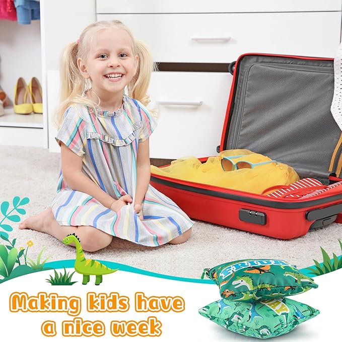 Paterr 14 Pcs Packing Cubes for Travel Kids Day of Week Compression Packing Bags Colorful Luggage Suitcase Organizers Bag for Travel (Dinosaur)