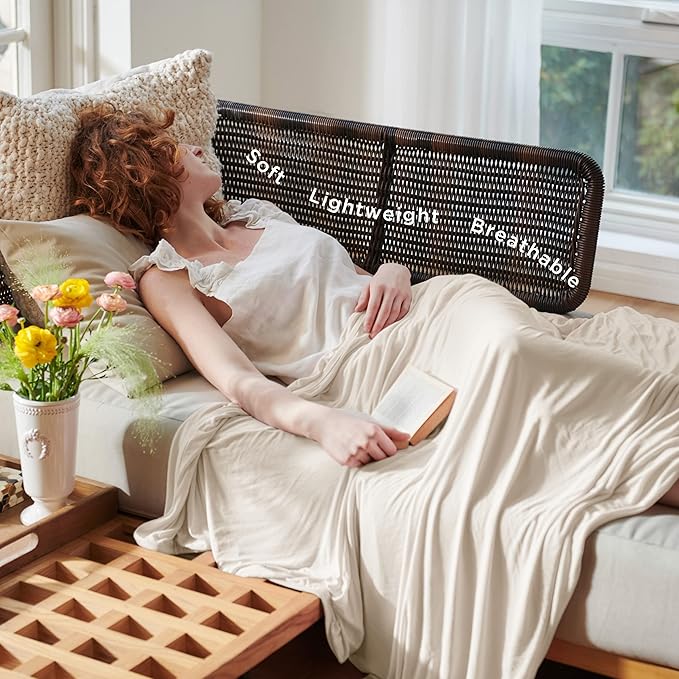 Bedsure Beige Cooling Blanket Queen Size for Hot Sleepers - Summer Cold Blanket for Queen Size Bed with Rayon Derived from Bamboo, Ice Cool Cold Arc-Chill Thin Summer Bedding Essentials, 90x90
