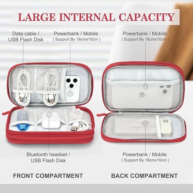 FYY Electronic Organizer, Travel Cable Organizer Bag Pouch Electronic Accessories Carry Case Portable Waterproof Double Layers Storage Bag for Cable, Cord, Charger, Phone, Earphone, Medium Size, Red