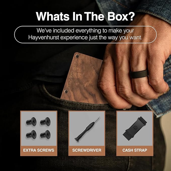 Hayvenhurst Wallet For Men - Reinvented Design Men's Wallet - Slim, Minimalistic & Seamless, Blocks RFID Scanners with a Cash Strap (Walnut Wood)
