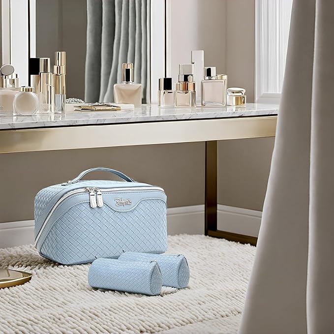 BOYATU Travel Makeup Bag Cosmetic Bags for Women: Large Capacity 3 Pcs Set Make up Bag with Compartments - Waterproof Vegan Leather Toiletry Organizer Bags with Handle (L04 Light Blue)