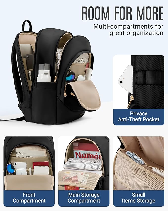 LIGHT FLIGHT Travel Backpack for Women, 15.6 Inch Laptop Backpack with USB Charging Hole, Water Resistant College Bookbag, Large Capacity Black Computer Backpacks for Work, Beige+Brown