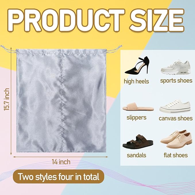 Sadnyy 4 Pcs Satin Travel Shoe Bags Spandex Shoes Pouch with Interior Divider and Drawstring for Women Men Luggage Packing