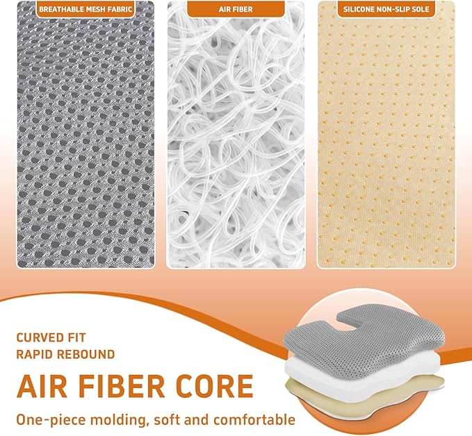 Air Fiber Seat Cushion for Office Chair, Breathable U-Shape Tailbone Relief Cushion for Desk Chair, Washable Ergonomic Chair Pad for Driving & Gaming, Cooling Mesh Back Support(Grey, 15.7″*19.7″)