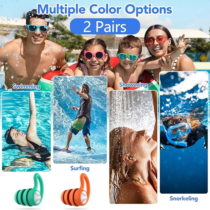 Swimming Ear Plugs Waterproof Earplugs - 2 Pairs Silicone Swim Ear Plugs for Adult Kids, Water Sports Earplugs for Showering, Bathing, Surfing - Keep Ear Water Out