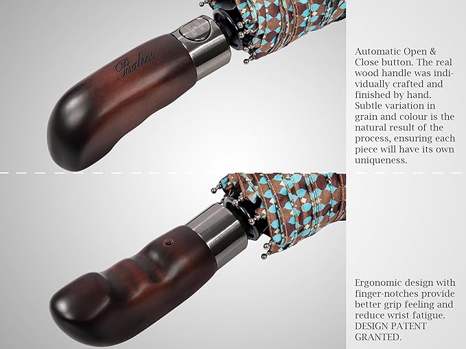 Balios Travel Folding Umbrella with Real Wood Handle Auto Open Close Vented Windproof Canopy - Designed in UK