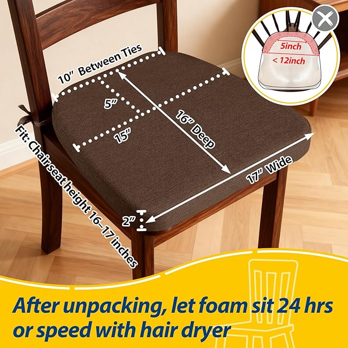 AAAAAcessories D-Shaped Chair Cushions, 2" Thick Dining Chair Pads with Ties and Removable, Machine-Washable Cover, 17" x 16", Set of 8, Brown