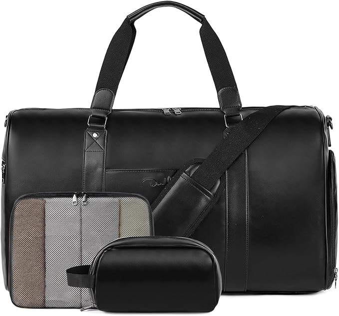 Large 3-in-1 Leather Duffle Bag for Travel Weekender Overnight Hospital Gym Bag for Men & Women, Carry On Airline Approved Personal Item Duffel Garment Bag Luggage with Shoe Compartment & Toiletry Bag