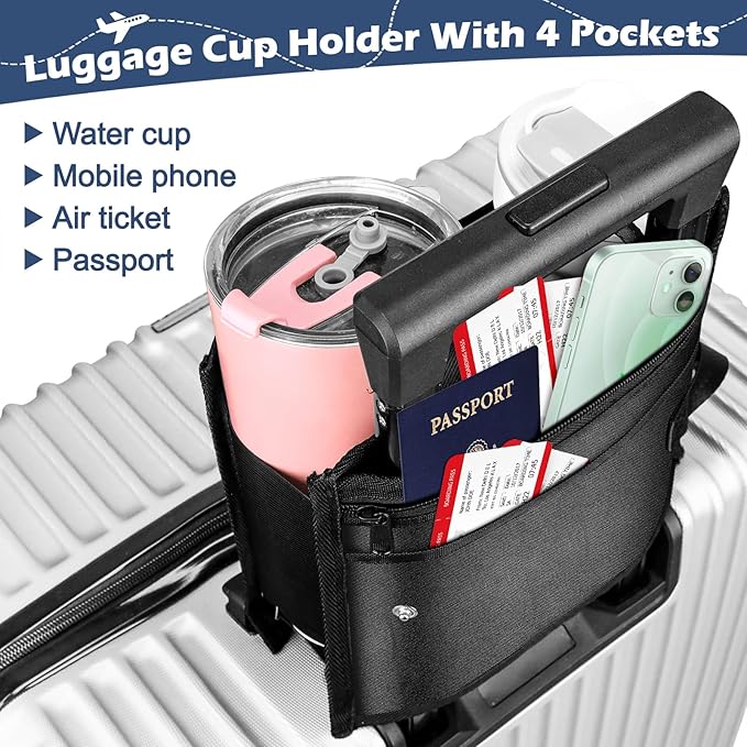 Yotako Suitcase Cup Holder, Portable Luggage Cup Holder for Suitcases, Foldable Travel Cup Holder with Handle and Hold Two Coffee Mugs&3 Zippered Pockets for Beverages Airport Travel Accessories