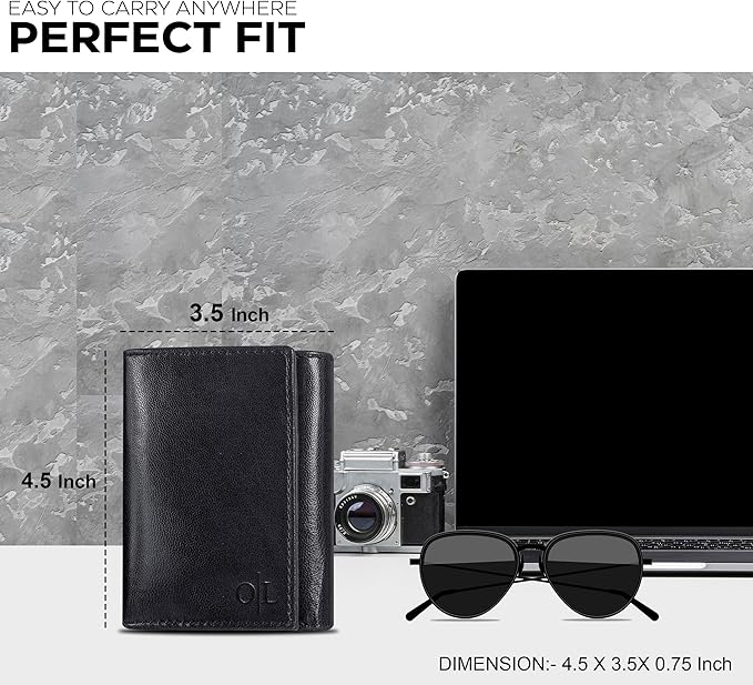 Real Leather Mens Trifold Wallet RFID Blocking Slim Minimalist Front Pocket - Thin & Stylish with ID Window in Gift Box