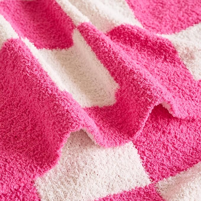 Checkered Blanket, Cozy Soft Throw Blankets for Couch Bed, Fluffy Plaid Lightweight Comfy Travel Picnic Blanket Gifts for Sofa Chair Living Room Camping (Hot Pink, Throw 50"x60")
