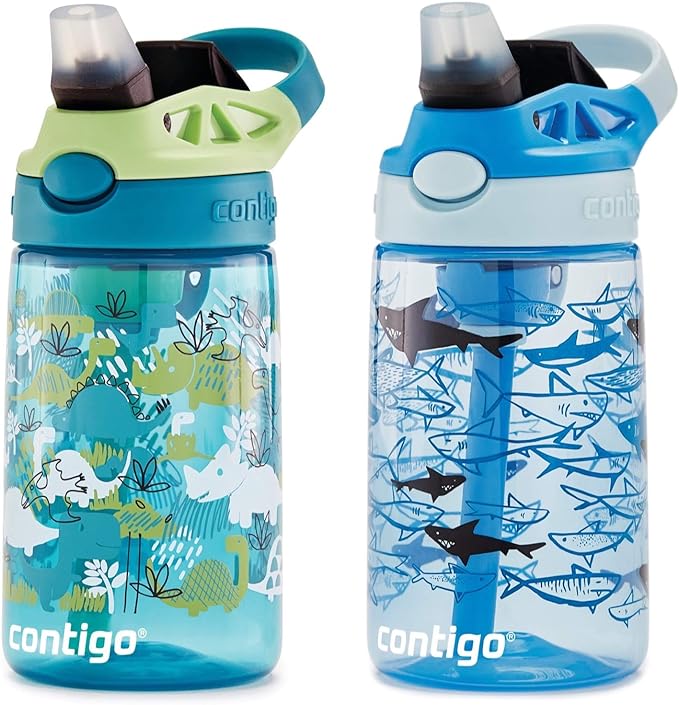 Contigo Aubrey Kids Water Bottle,14oz,Dinos & Sharks,Spill-Proof Lid,Dishwasher Safe,Blue & Green,(Pack of 8)