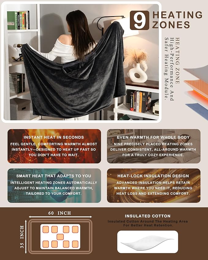 Cordless Heated Blanket Battery Powered; USB Wearable Portable Heated Throw Blanket with Hood, 20000 mAh Battery, 9 Heating Zone, 3-Level; Portable Heated Shawl Cordless; Camping (Warm Stone Gray)