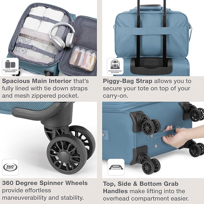 U.S. Traveler Rio Lightweight Softside Rolling Carry-on Suitcase, 4-Wheel Single, Light Blue