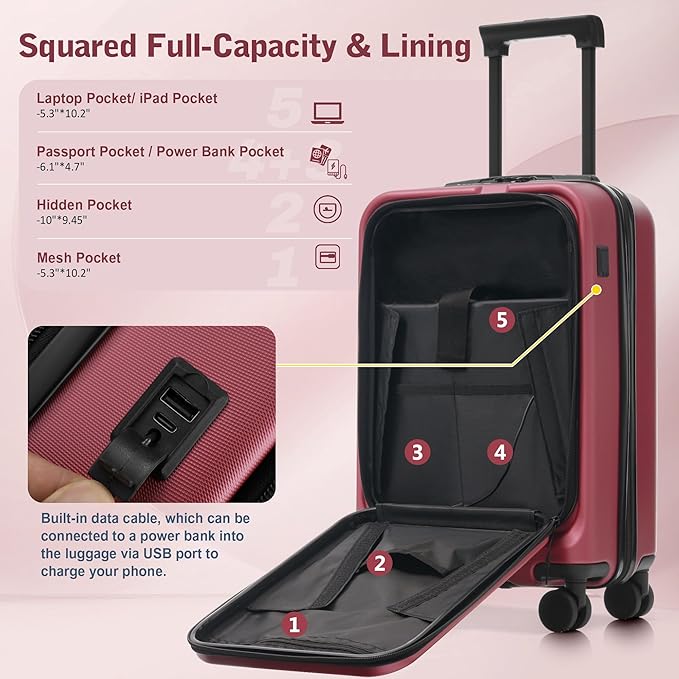 Merax Luggage Sets 5 Piece,Front Open Hardshell Expandable Suitcase with Spinner Wheels and Duffel Bags,Lightweight Carry on Luggage with USB Port,20/24/28IN,Red